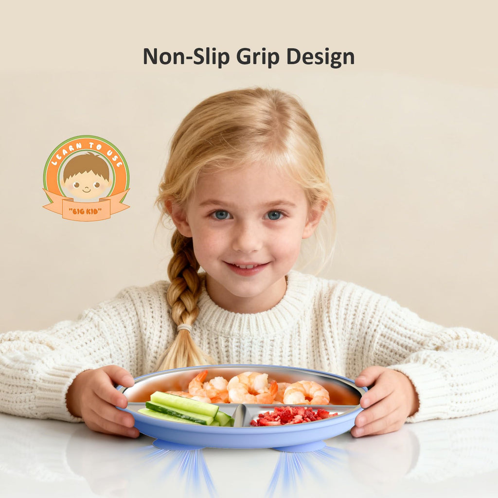 Stainless Steel Toddler Plate with Suction, 9" Divided Plates with Removable Silicone Sleeves for Kids, Non Toxic &