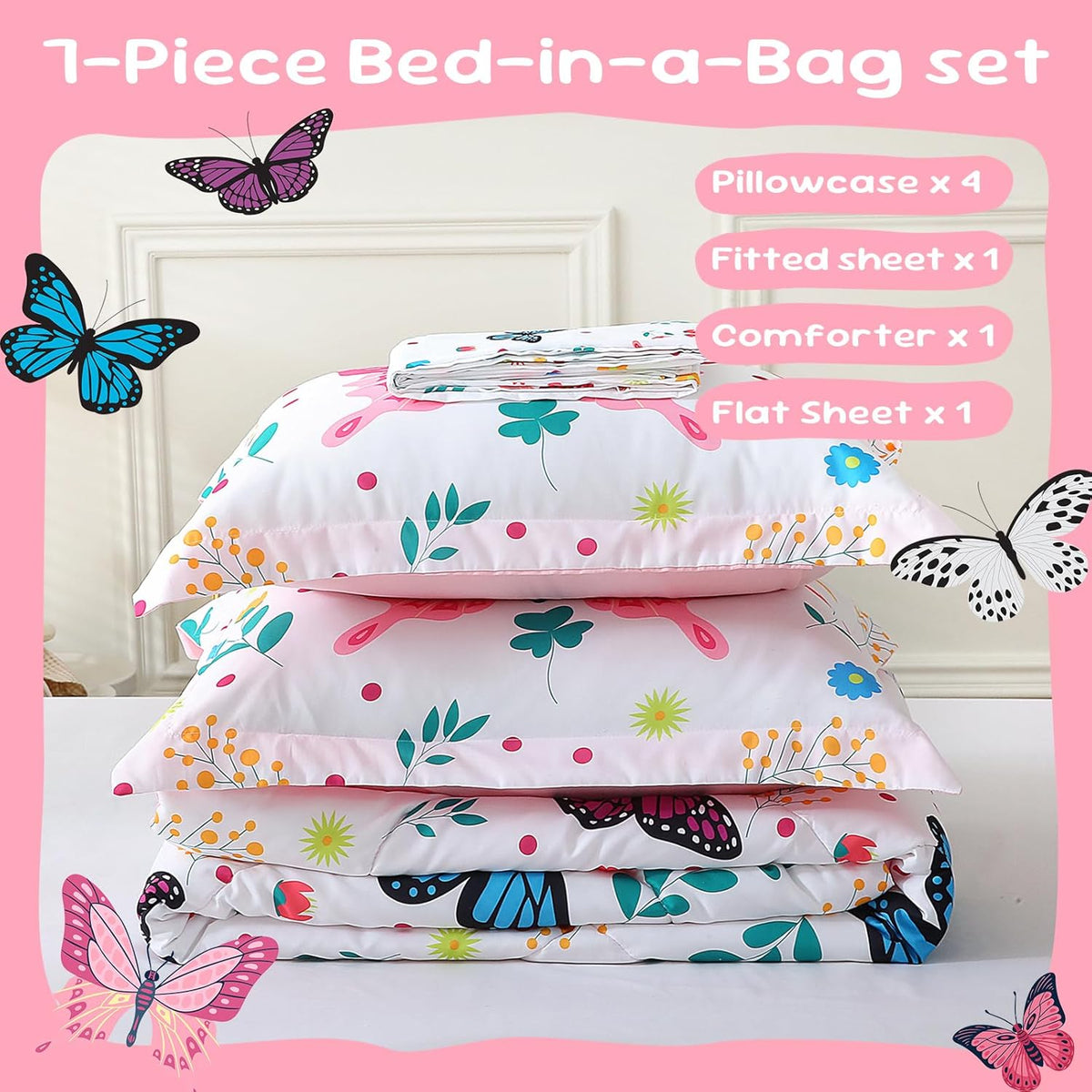 Girls Butterfly Comforter Set 7 Piece Bed in A Bag Colorful Flowers Leaves Bedding Set for Kids Teens Super Soft