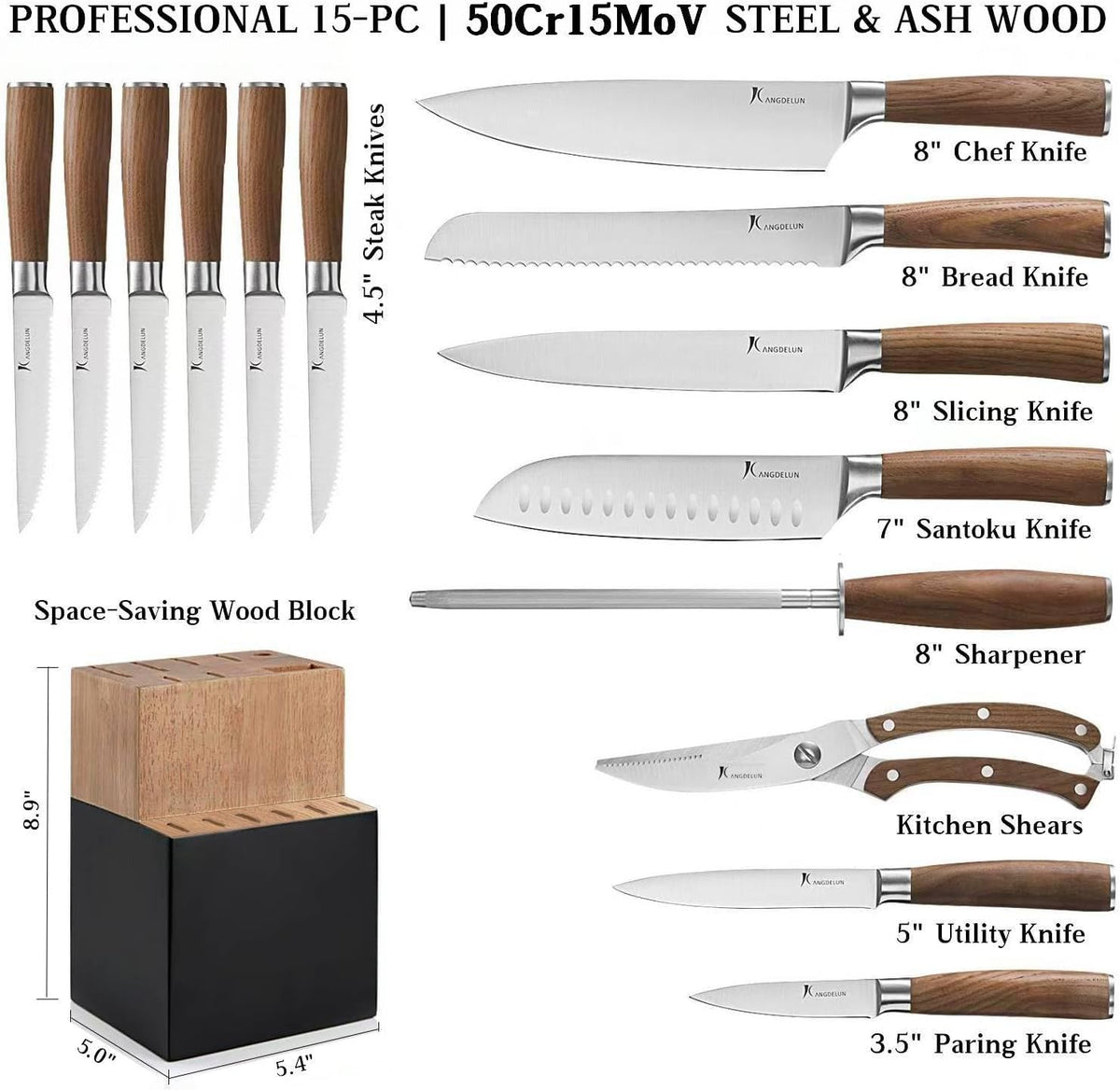 Ultra Sharp 15-Piece Kitchen Knife Set, High Carbon Stainless Steel Blades, Torrefied Brown Wood Handles, Ergonomic