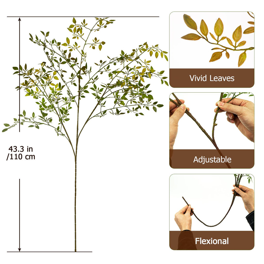 Artificial Greenery Stems, 43.3" Nandina Branches Tall Faux Plant Stems for Vase, Greenery Decor Stems Leaves Bunches