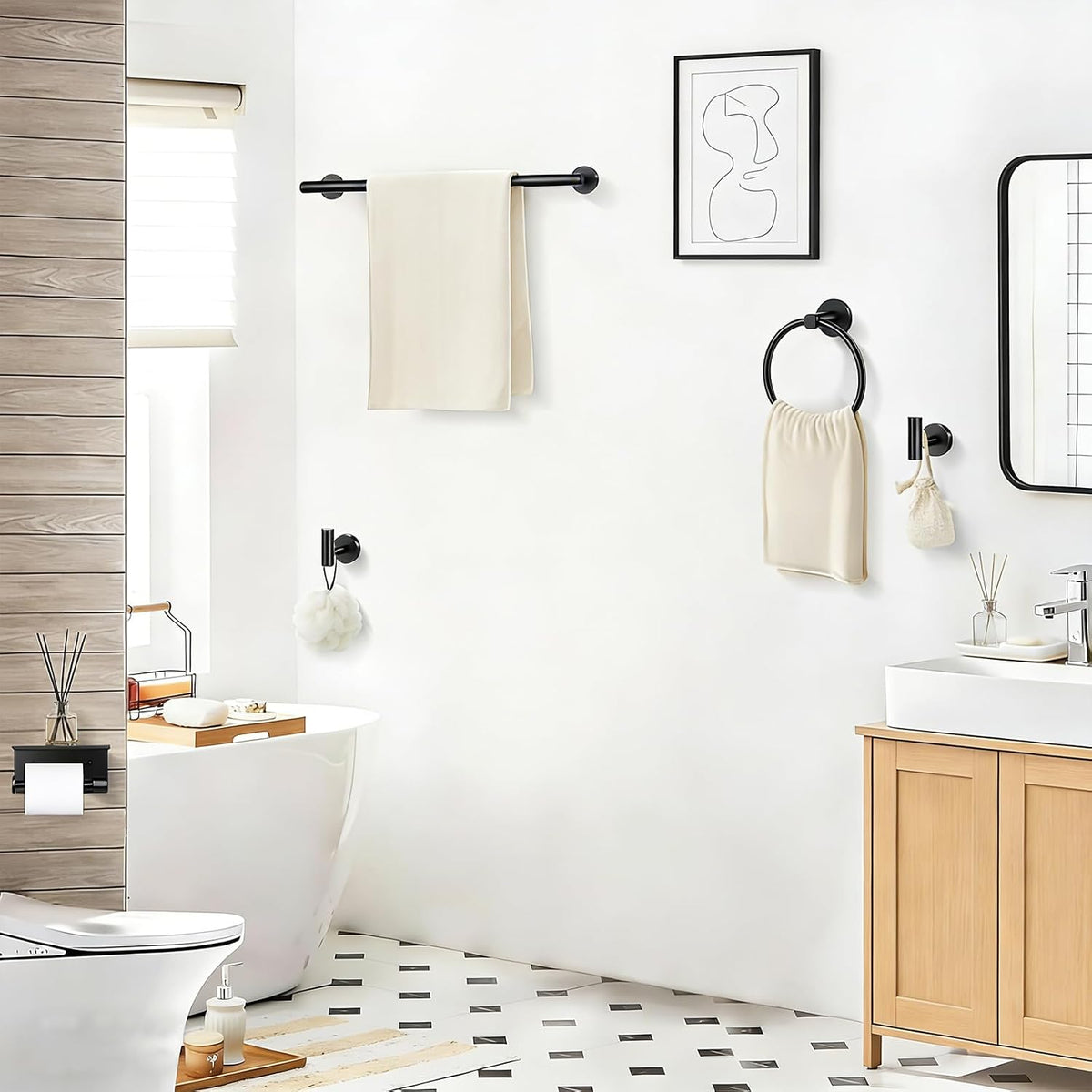 5-Piece Bathroom Hardware Set, Matte Black Bathroom Accessories Set with 24" Towel Bar, Toilet Paper Holder with