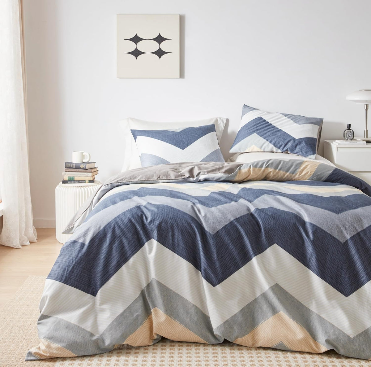 Modern Blue White Striped Duvet Cover 100% Cotton 3 Pcs Set