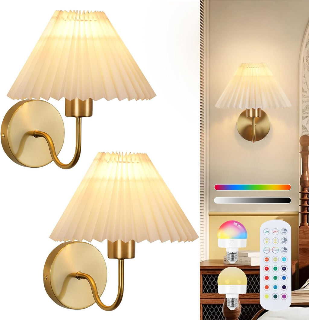 Wall Sconces Sets of 2 RGB Battery Operated Wall Sconces for Bedroom Dresser Classic Golden Wall Lamp with Remote for Living Room Bathroom Dining Room Corridor Staircase (2 Bulbs Included)