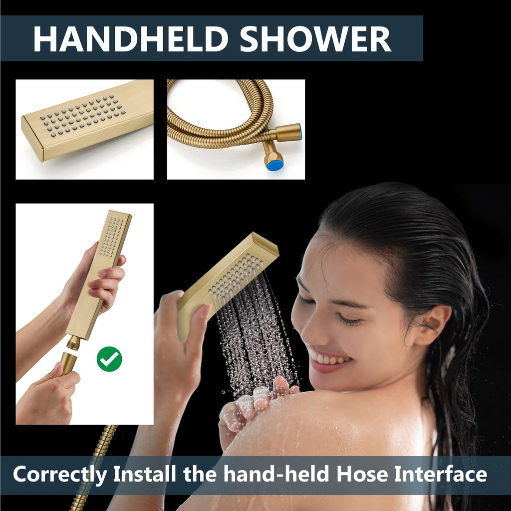 Ceiling Shower Faucet Set with Handheld 10" LED Head Brushed Gold