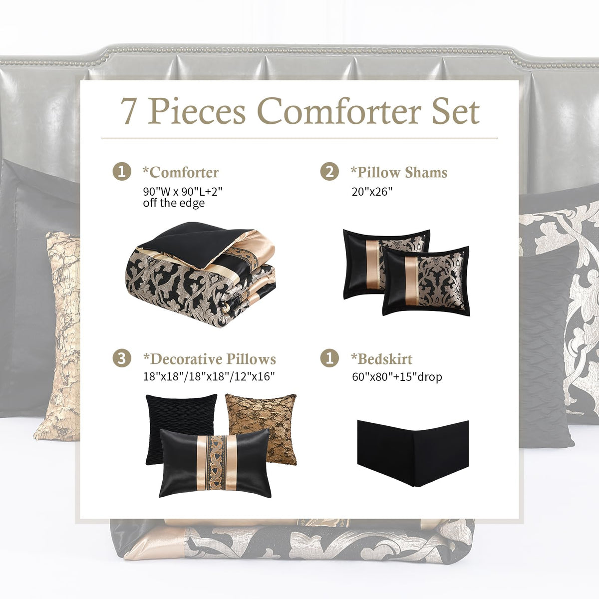 Black Gold Comforter Set, Luxury Jacquard, 7-Piece