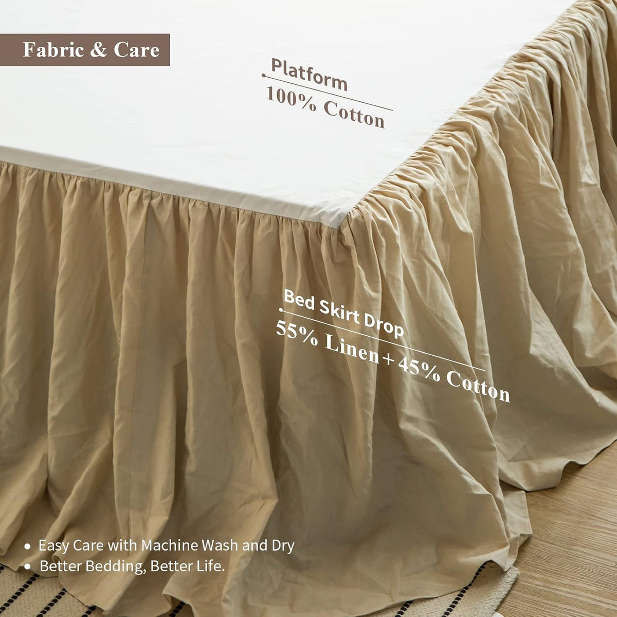 French Linen Bed Skirt with Pleated Frills 18-Inch Tailored Drop Natural Flax Cotton Blend Dust Ruffle Soft Cozy