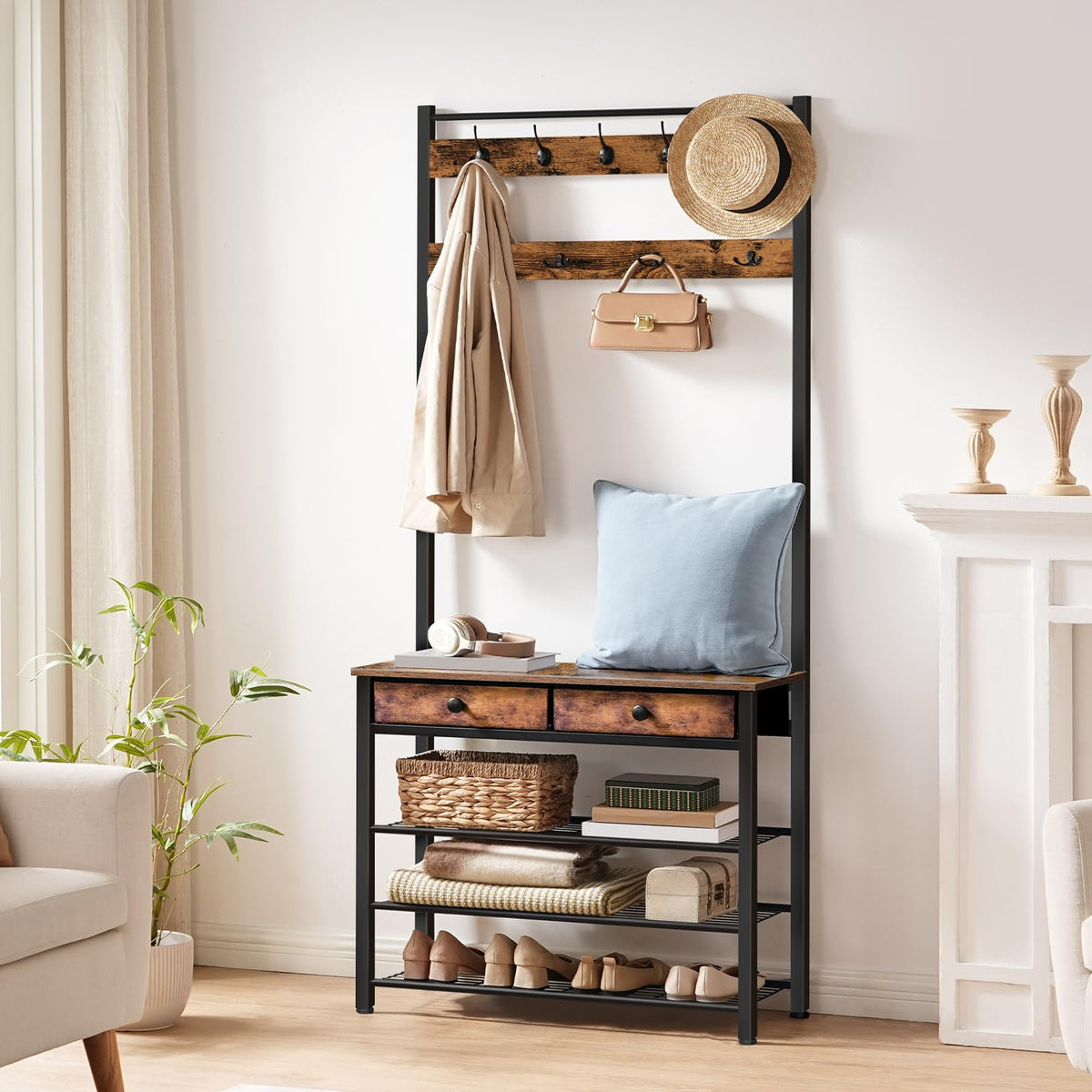 Hall Tree, Entryway Coat and Shoe Rack, 2 Fabric Drawers, Hall Tree with Bench, Shoe and Coat Rack, Coat Rack with