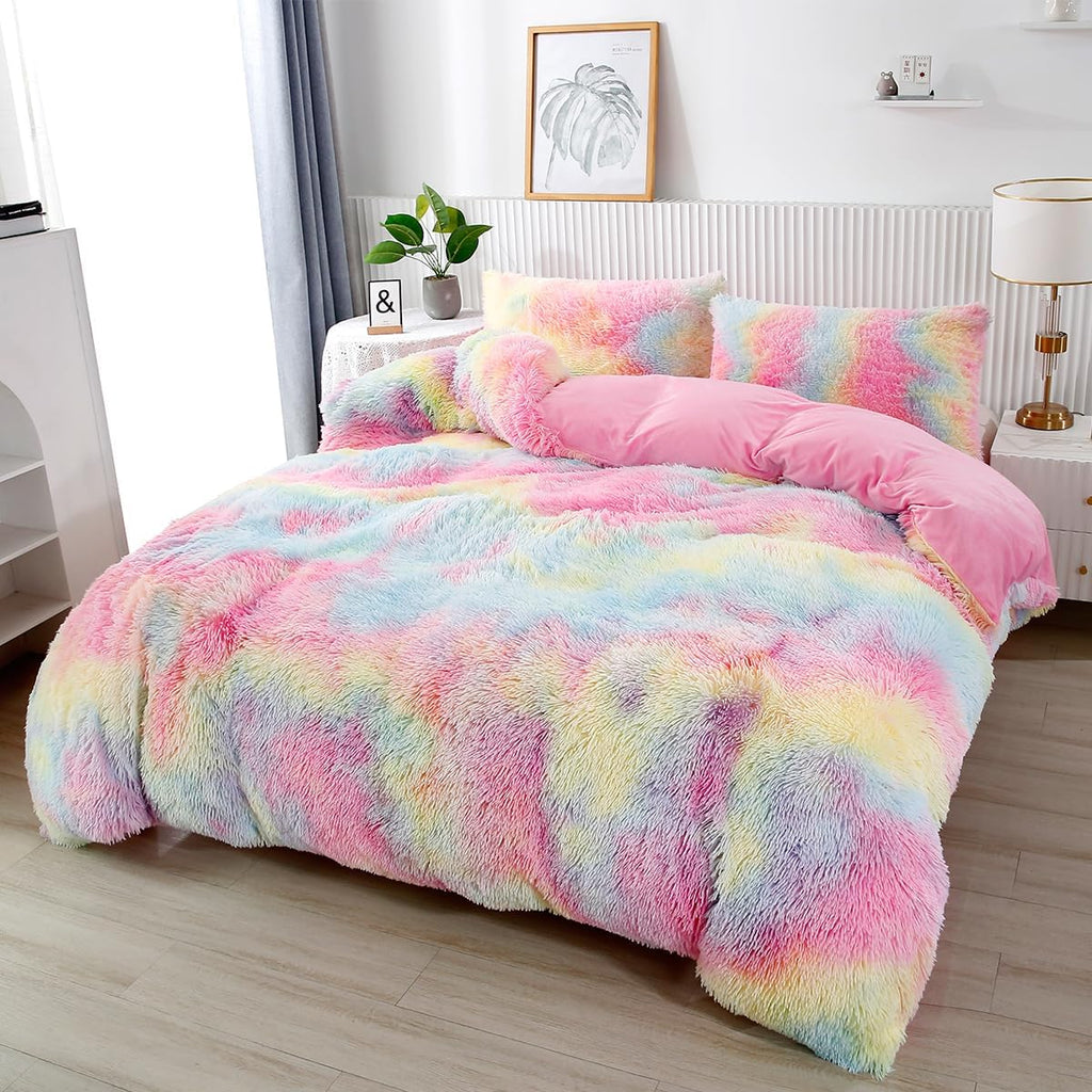 Pink Plush Shaggy Bedding Sets 3 Piece Fluffy Faux Fur Girls Comforter Set Soft Tie Dye Velvet Furry Rainbow