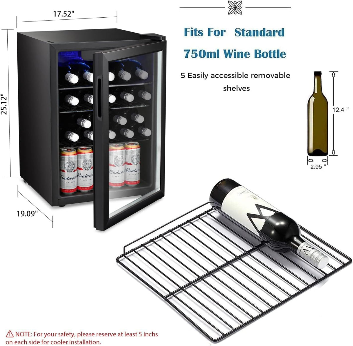 16 Bottle Wine Cooler/Cabinet Beverage Refrigerator Small Mini Wine Cellar Beer Soda Clear Glass Door Bar Fridge Quiet