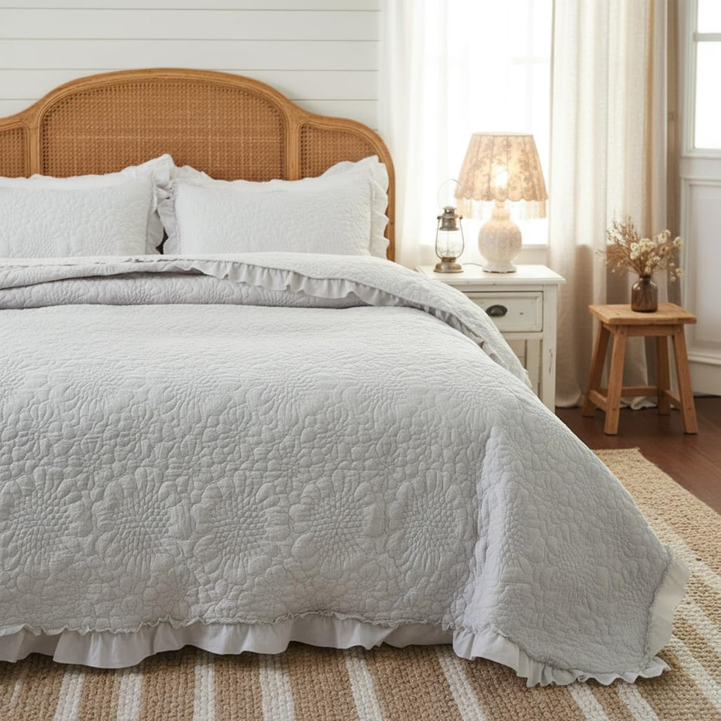 Dark Grey Farmhouse Quilt Set, Ruffled Stone-Washed Bedding