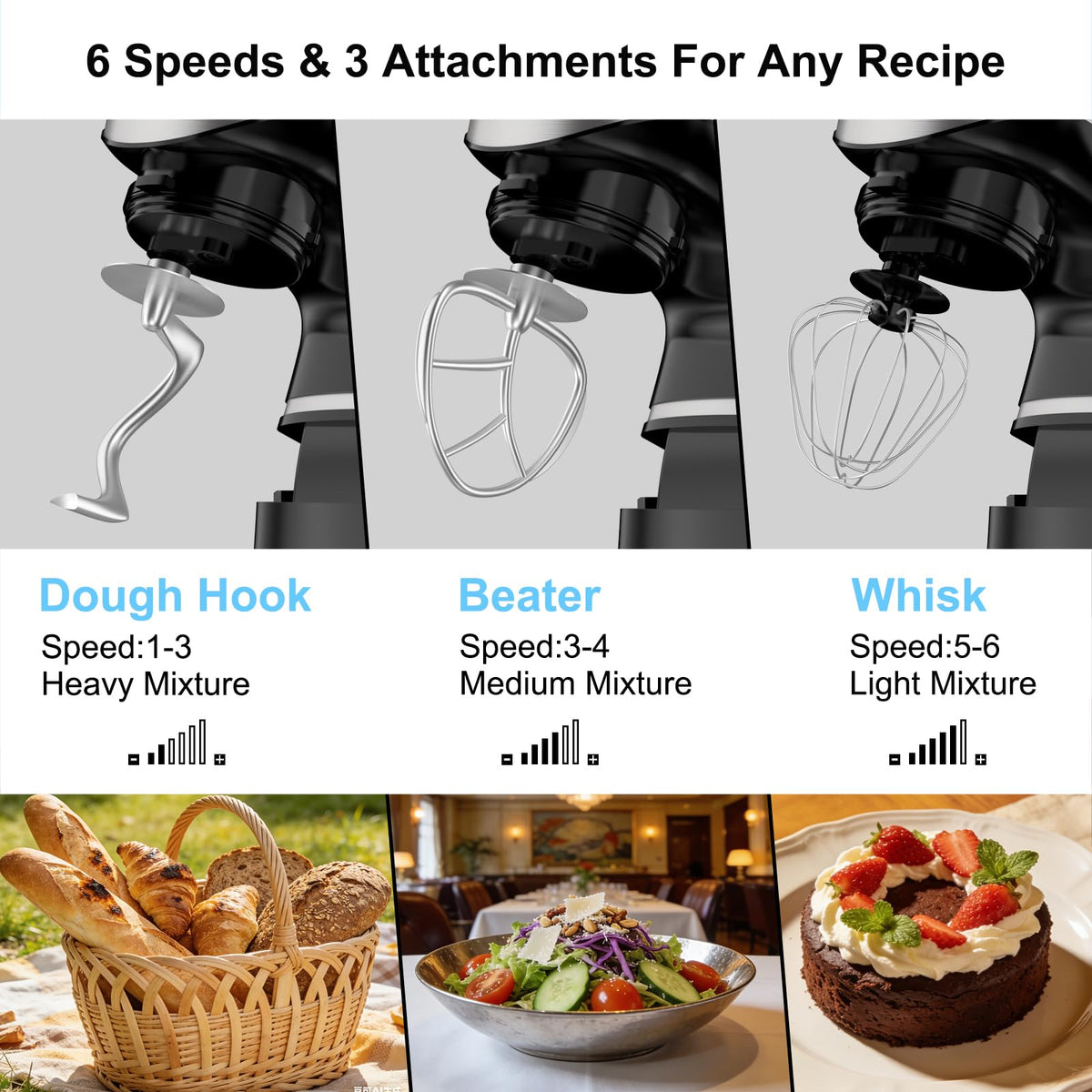 Electric Stand Mixer, Kitchen Mixer 6.5-Quart Tilt-Head, 6 Speeds with Dough Hook, Whisk, Beater, and Splash Guard