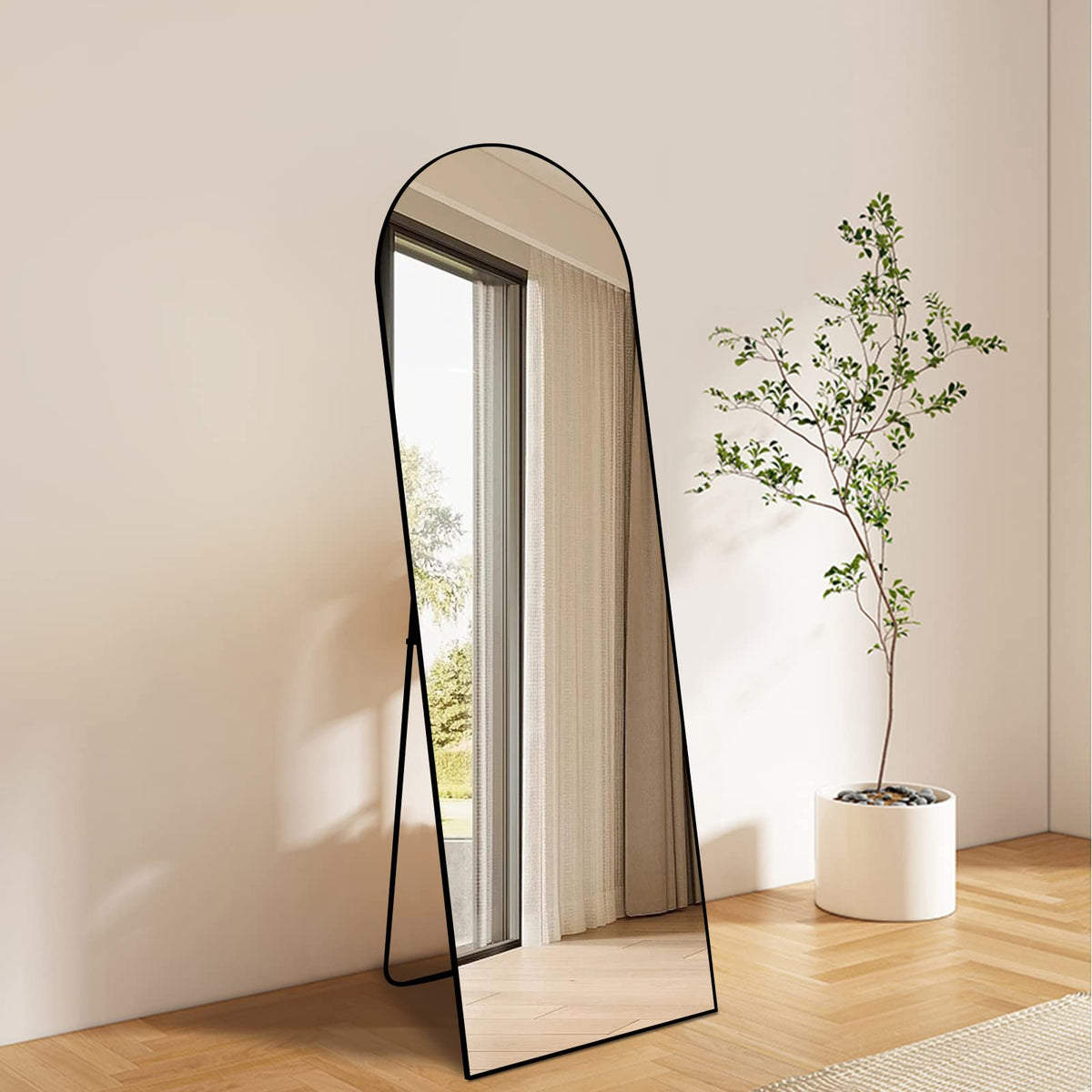 64"x21" Arch Full Length Mirror, Hanging or Leaning Arched-Top Full Body Mirror with Stand, Dressing Room, Black