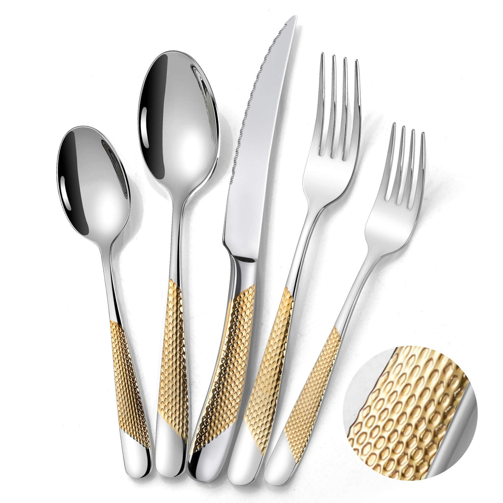 Hammered 30-Pieces Silver Gold Silverware Set for 6 with Serrated Forging Knives, 18/10 Stainless Steel Modern
