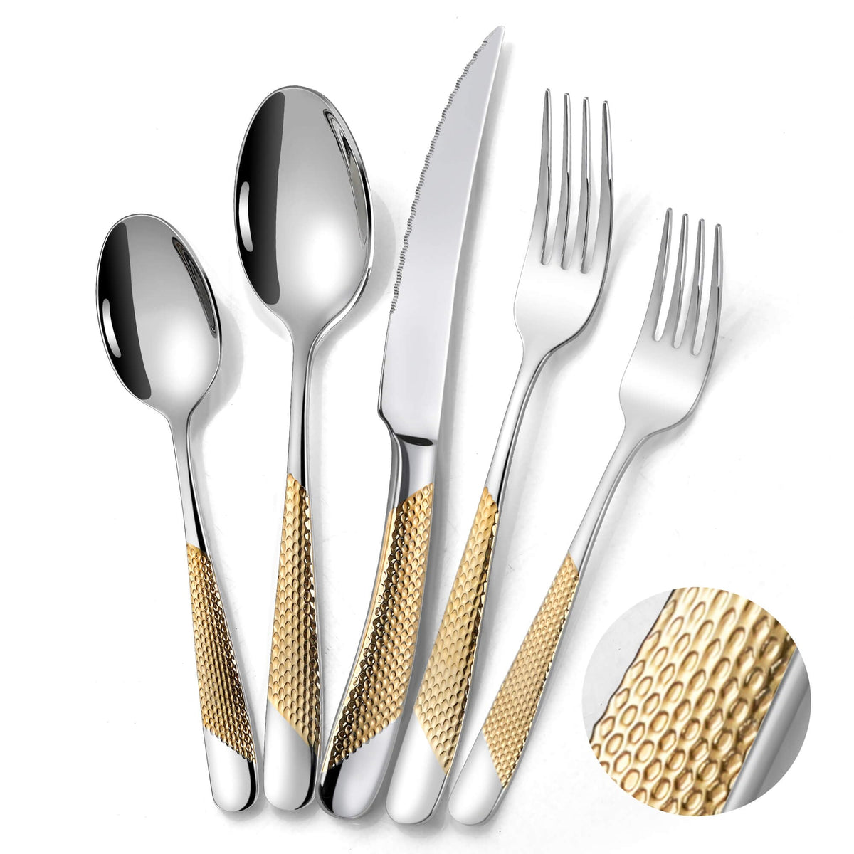 Hammered 30-Pieces Silver Gold Silverware Set for 6 with Serrated Forging Knives, 18/10 Stainless Steel Modern