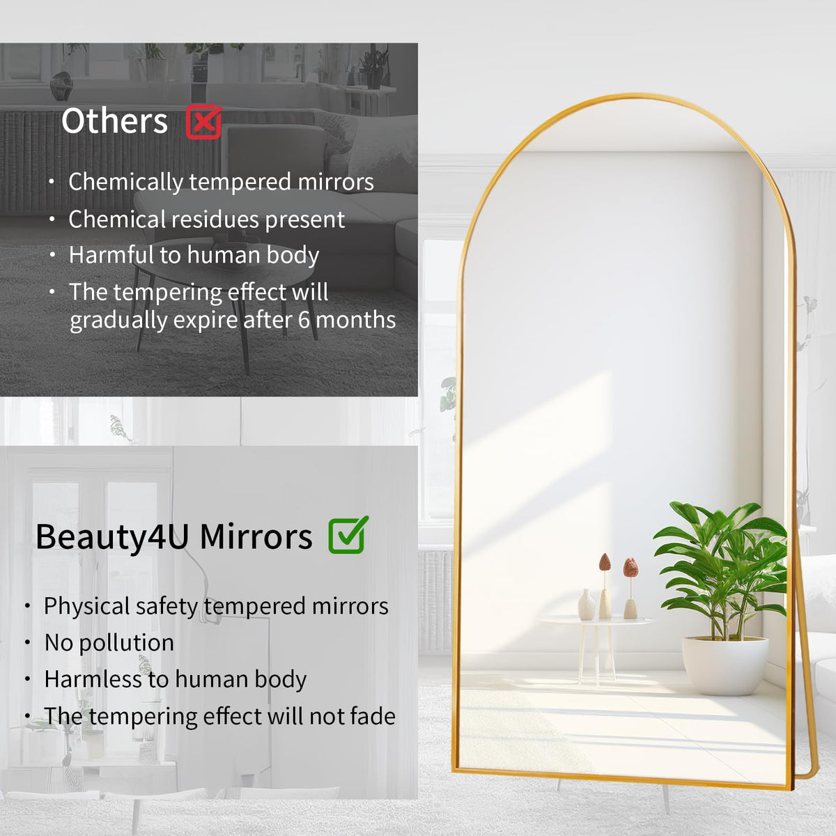 76" x 34" Arched Full Length Mirror with Stand, Gold Floor Mirror