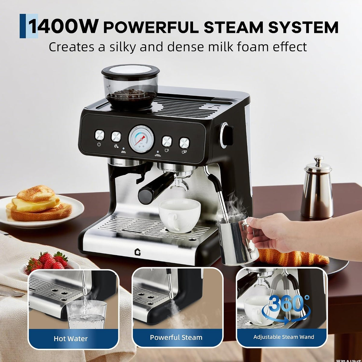 Espresso Machine with Grinder, 20 Bar Semi Automatic Espresso Maker with 30-Setting Precision Coffee Grinder & Steam
