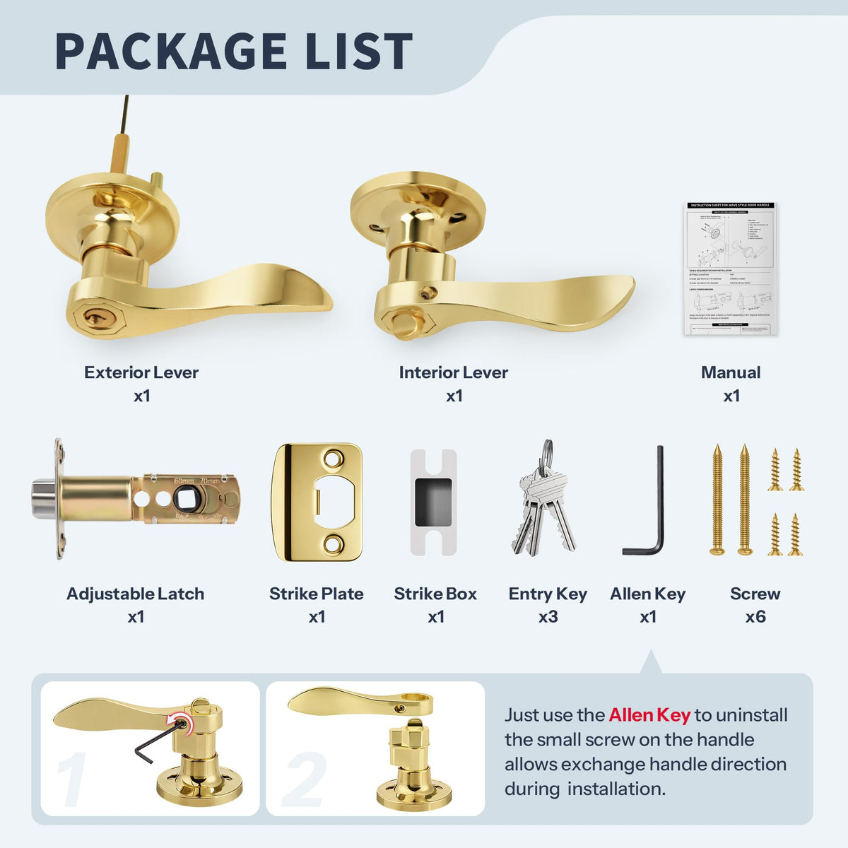 Gold Wave Style Door Handles with Lock and Key (Keyed Differently), Polished Gold Keyed Entry Door Handle, Reversible
