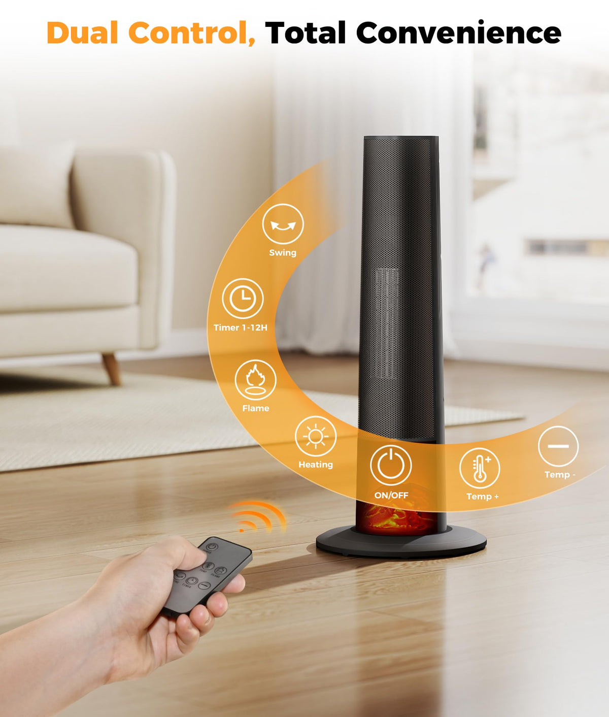 Tower Heater for Indoor Use - 25" Portable Space Heater with 3D Flame, Remote, Adjustable Thermostat, 2 Heat Modes