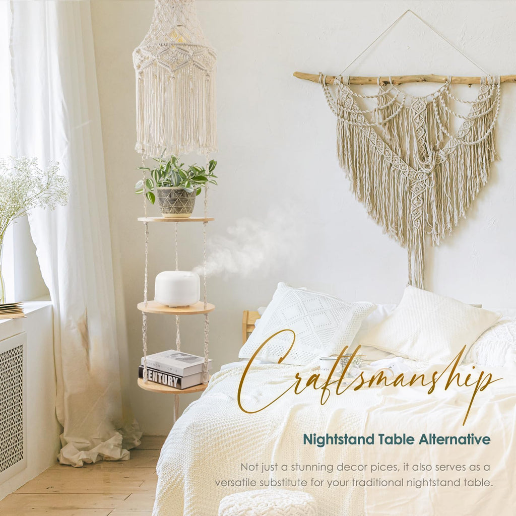 3-Tier Macrame Hanging Lamp Shelf, Boho Corner Pendant Light with Plug Cord