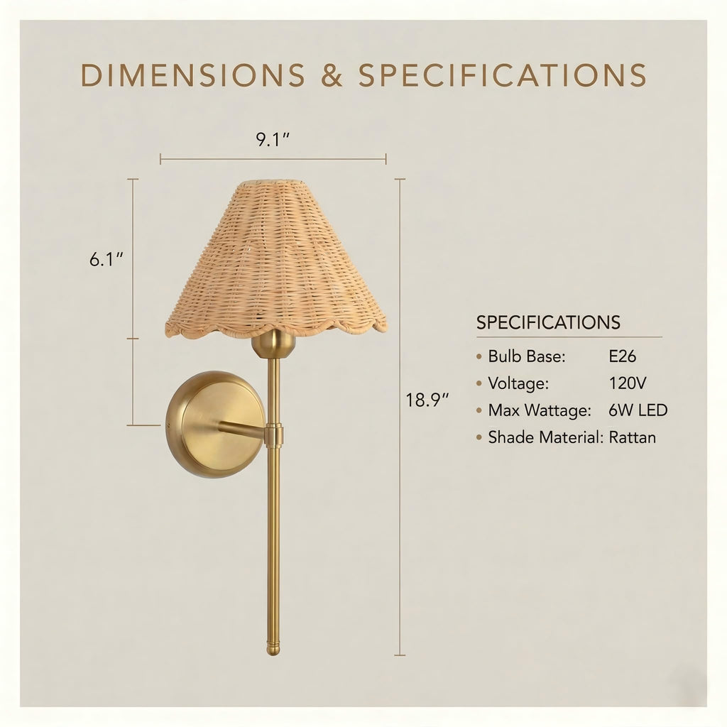 Rattan Wall Sconce Set of 2, Hardwired Boho Wall Sconces with Handwoven Rattan Shade, Gold Wall Lights, Bedside