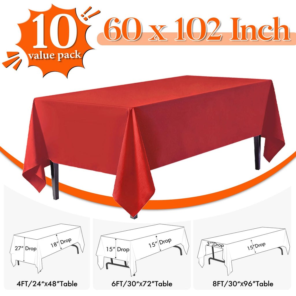 10 Pack Red Tablecloth 60 x 102 Inch for 6 Foot Rectangle Tables