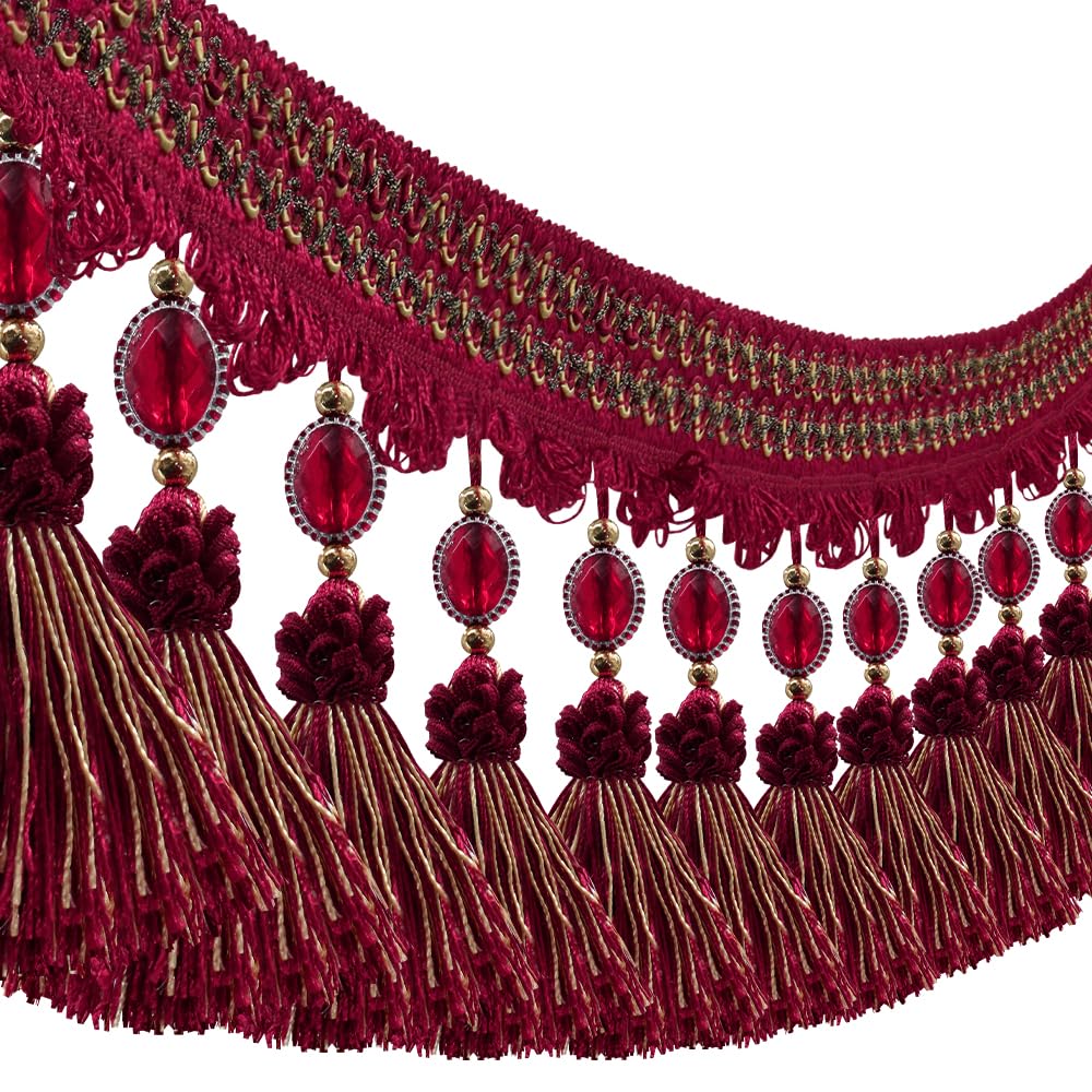 Pom Pom Curtain Fringe Trim Beads Ball Tassel Trimming Sewing Ribbon Upholstery Fabric (red) - 3yards