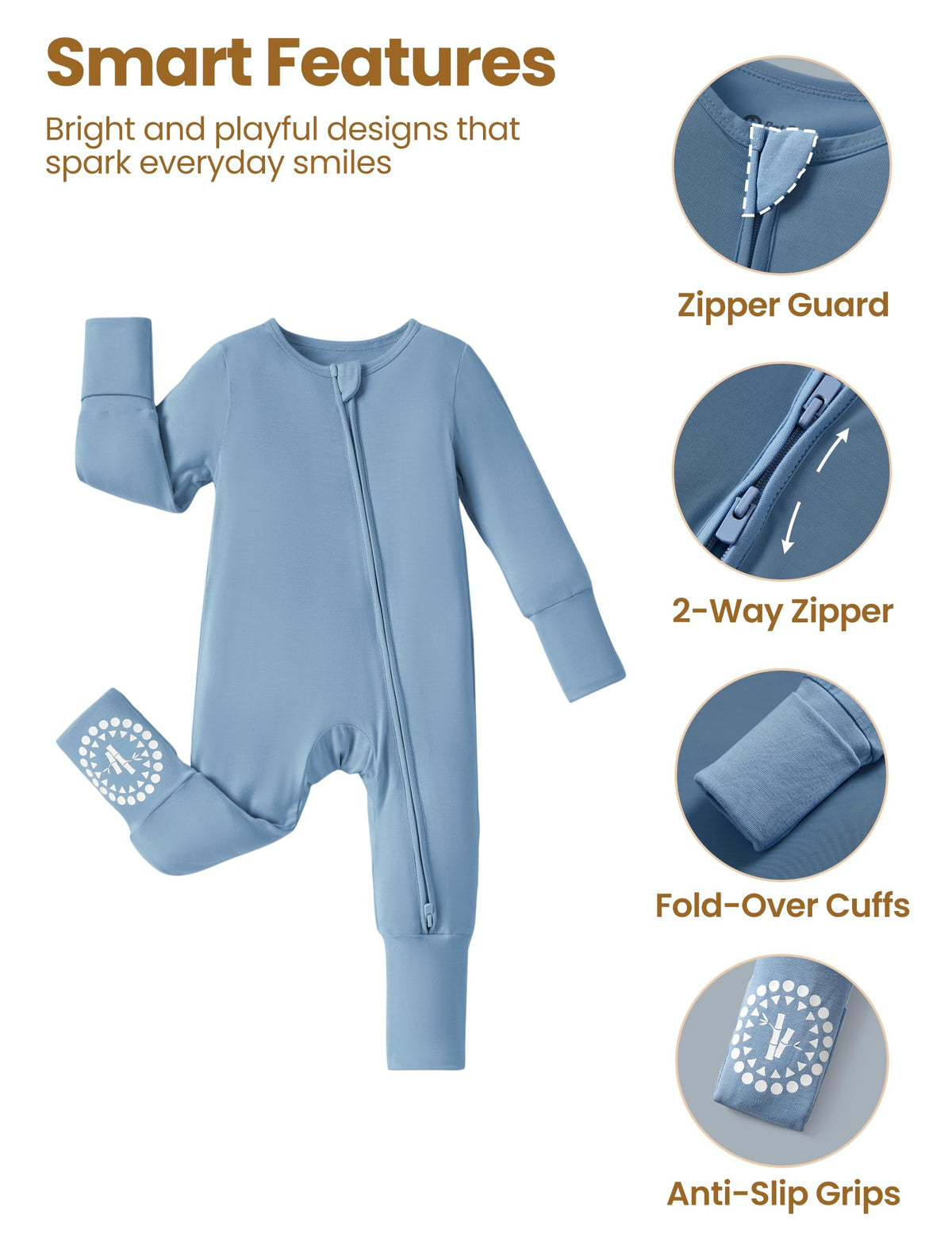Baby Footies Boys Girls - Bamboo Viscose - 2 Way Zipper & Non-Slip Soles Romper Mitten - Footed & Footless Infant