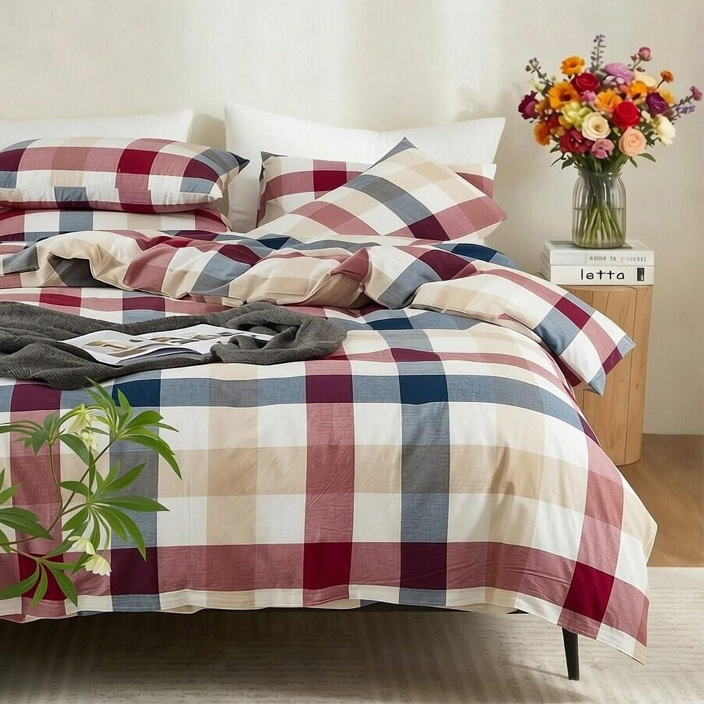 Buffalo Plaid Duvet Cover Set 3 Piece 100% Washed Cotton Linen Feel Farmhouse Bedding Comfy Breathable (Red Blue