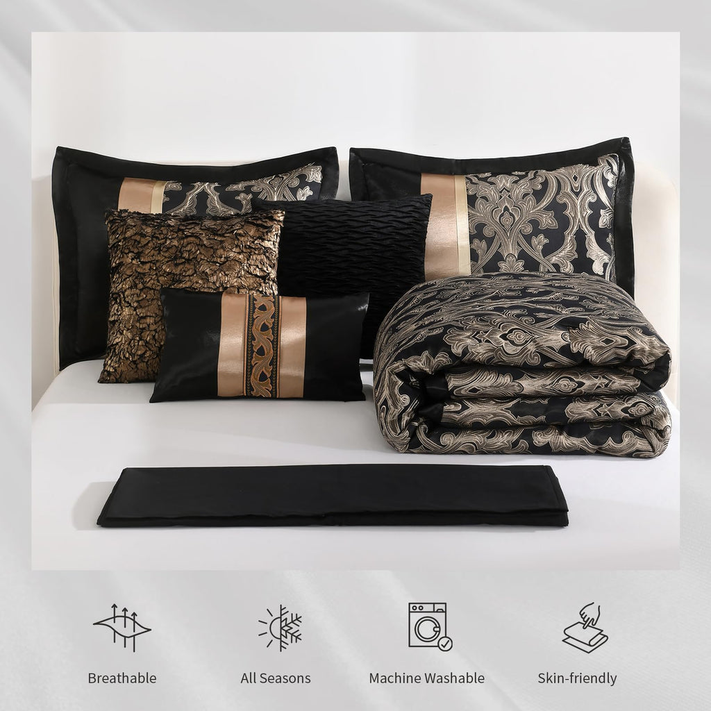 Gold Black Jacquard Comforter Set, 7 Piece Damask Bedding
