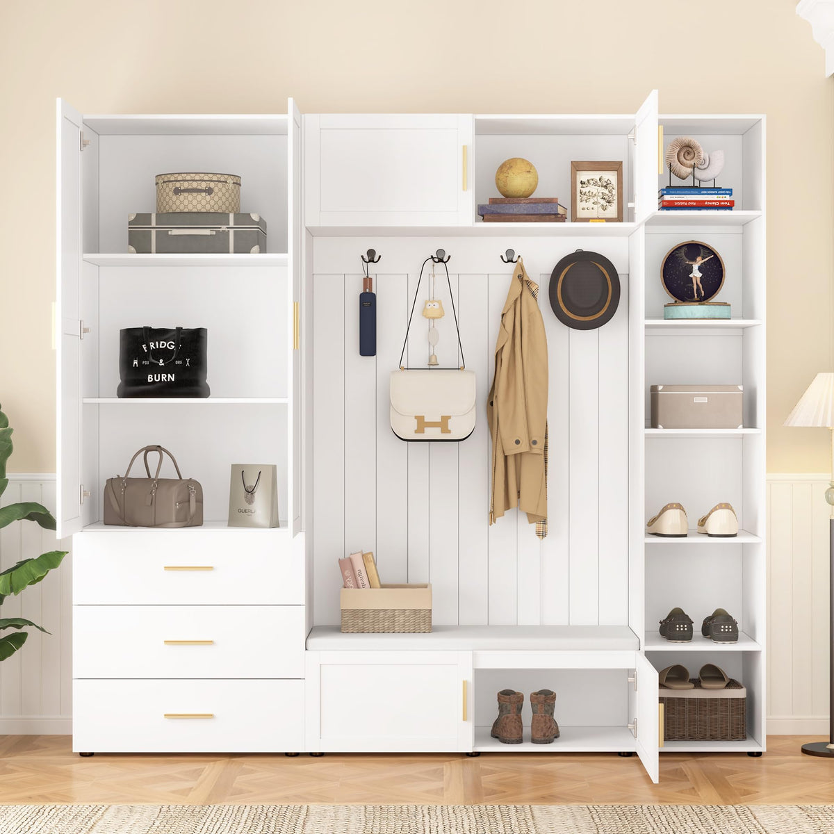Wide Hall Tree with Cabinet and Bench, Farmhouse Mudroom Storage Organizer with 4 Hooks, and Adjustable Storage