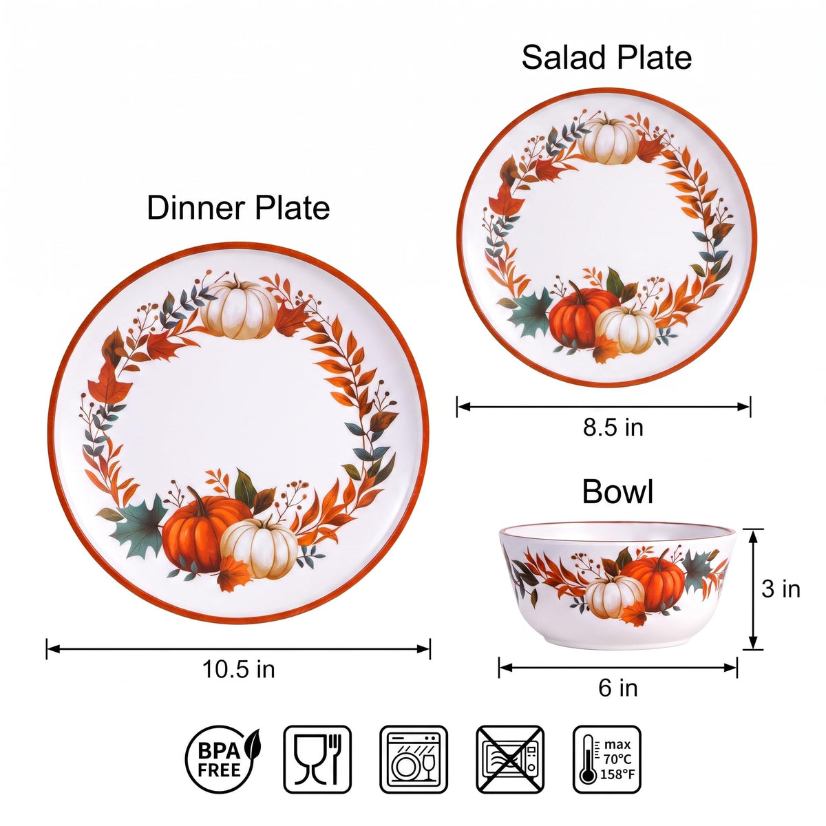 Fall Pumpkin Dinnerware Set for 4, 12-Piece BPA-Free Melamine Dinnerware