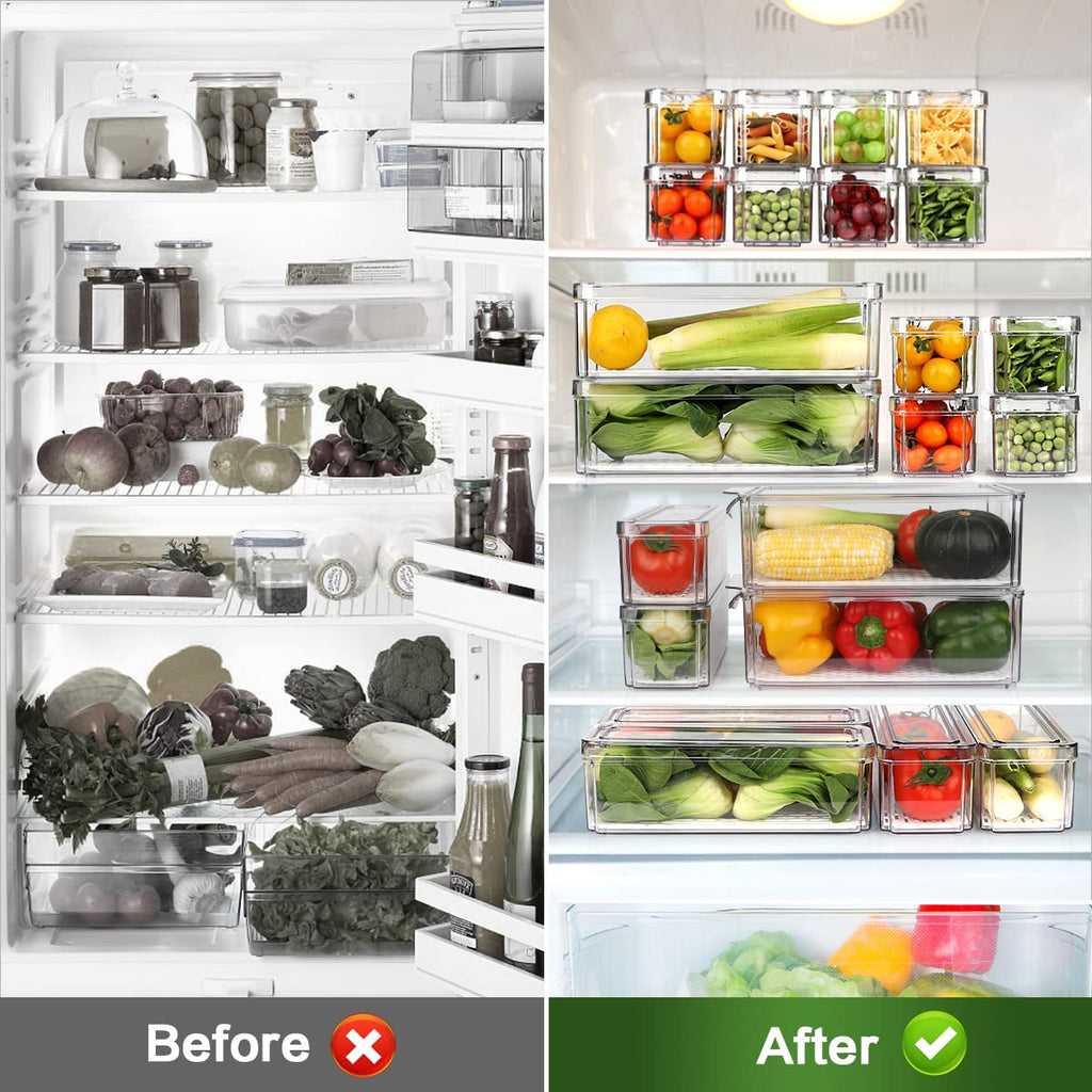 14 Pack Fridge Organizer Bins with Lids, Stackable Clear Storage