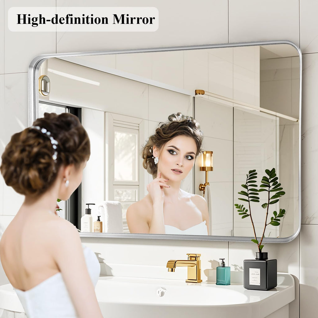 Silver Bathroom Vanity Mirror Over Sink 30x40, Large Wall Chrome Mirror