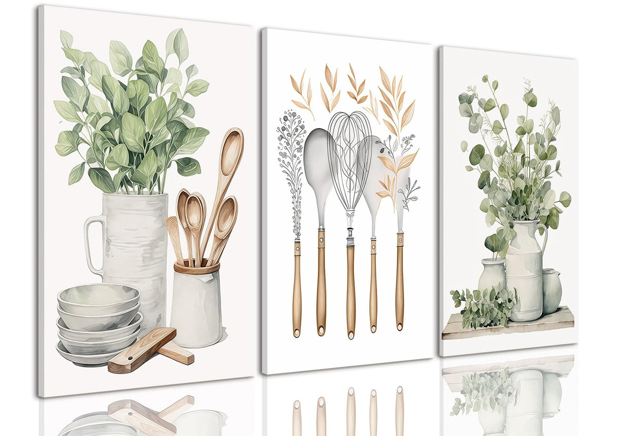 Kitchen Wall Decor 3 Piece Sage Green Botanical Prints 16"x24"