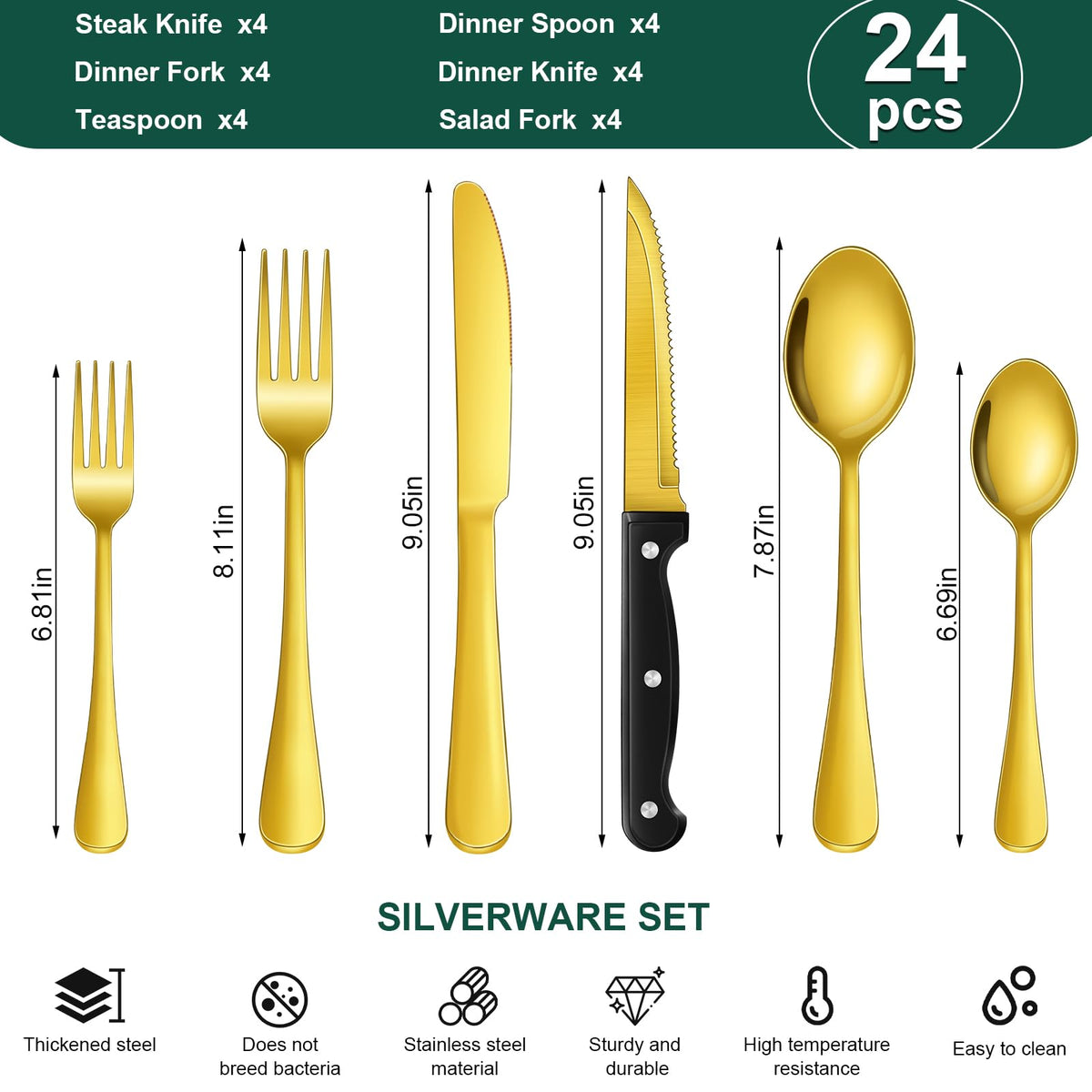 24-Piece Gold Silverware Set with Steak Knives Stainless Steel Flatware Set for 4 Food Grade Tableware Cutlery Set