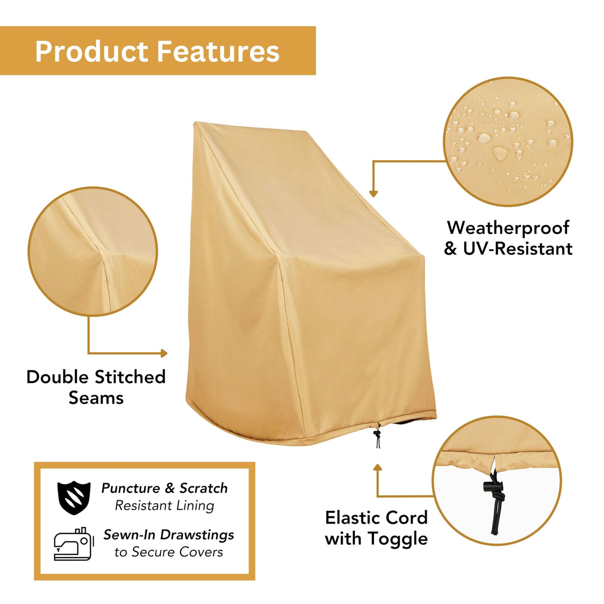 Weatherproof Outdoor Rocking Chair Cover, 100% Woven Polyester, Elastic Cord with Toggle, Apricot Crush