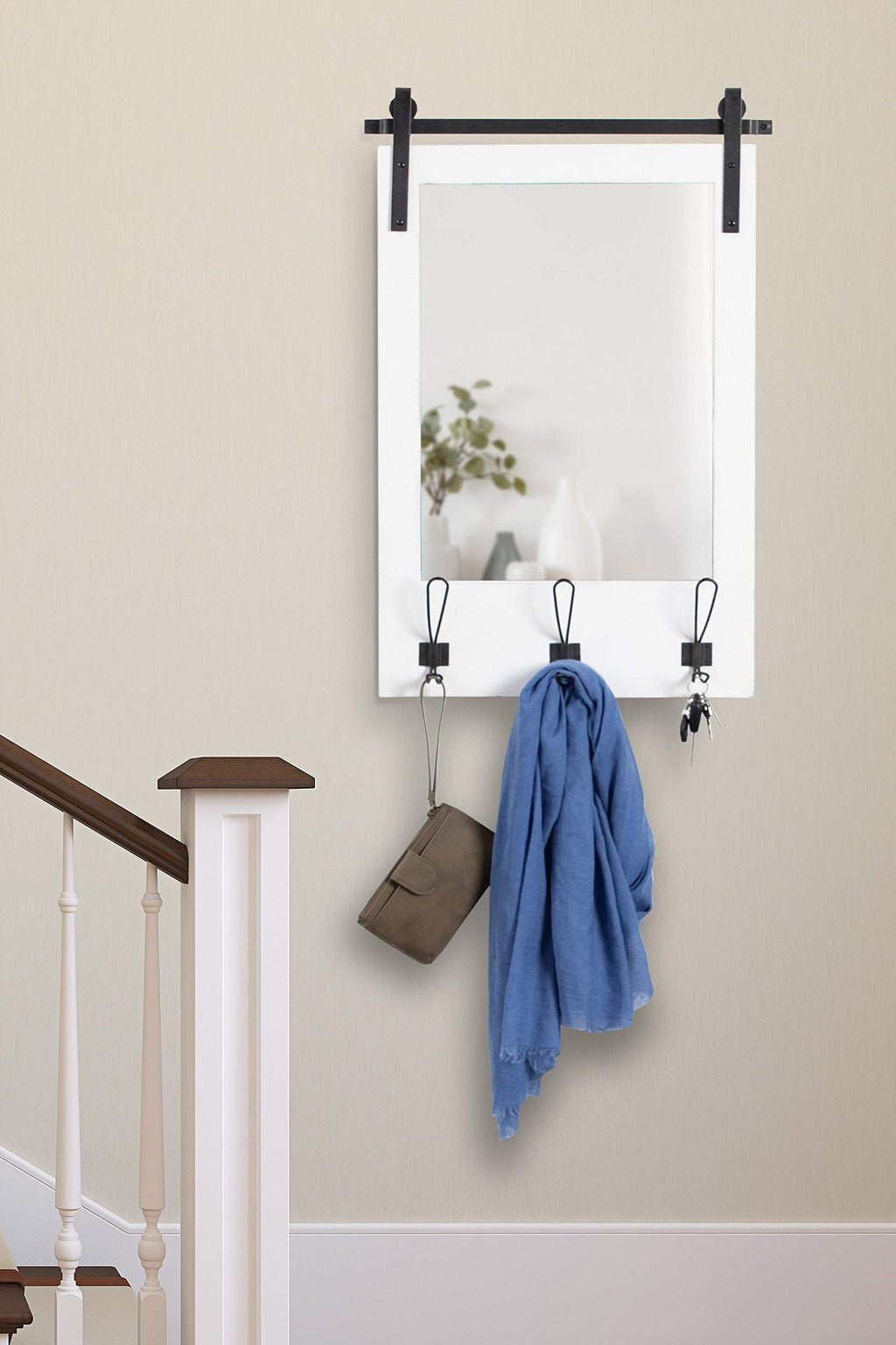 Cates Rustic Wall Mirror with Hooks, 18 x 28, White, Farmhouse Wall Decor with Function