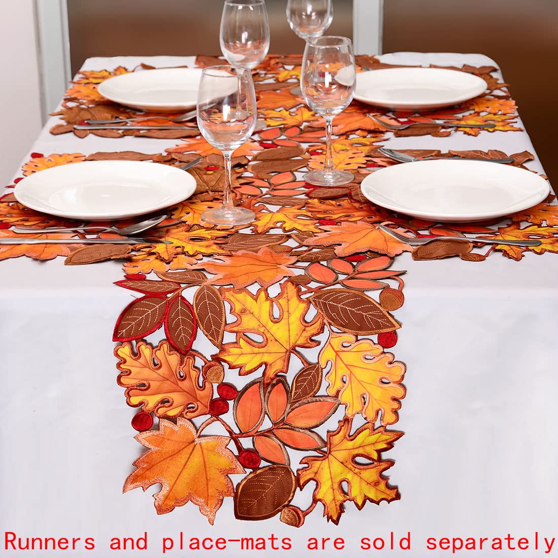 Embroidered Fall Leaves Table Runner for Thanksgiving, Autumn Harvest Decorations (14 × 34 inches)