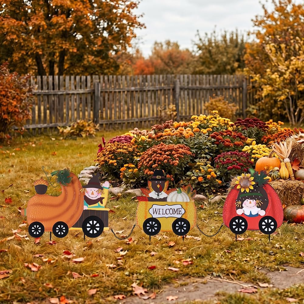 Thanksgiving Outdoor Decor, Set of 3 Metal Pumpkin Train Decorative Garden Stakes with Scarecrow Turkey, Fall Welcome
