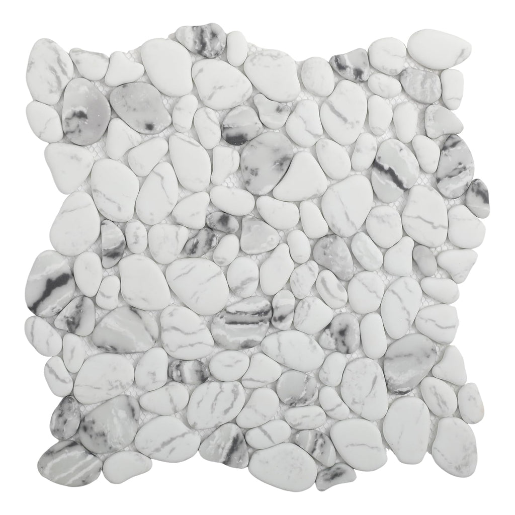 For Shower Floor, White Marble Veins Oval, 8 Sheets