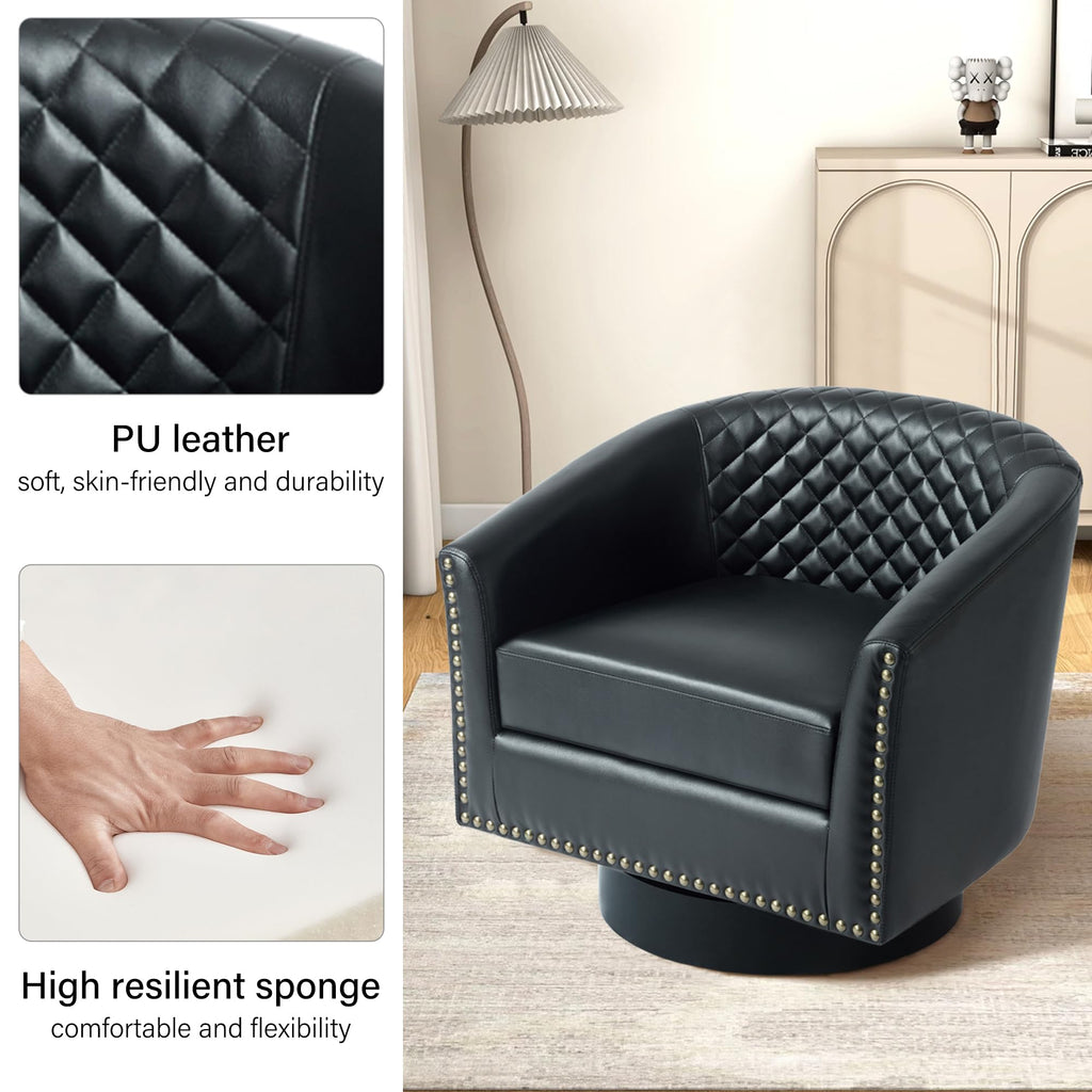 Faux Leather Swivel Accent Chairs Set of 4, Barrel Club Armchair, Black
