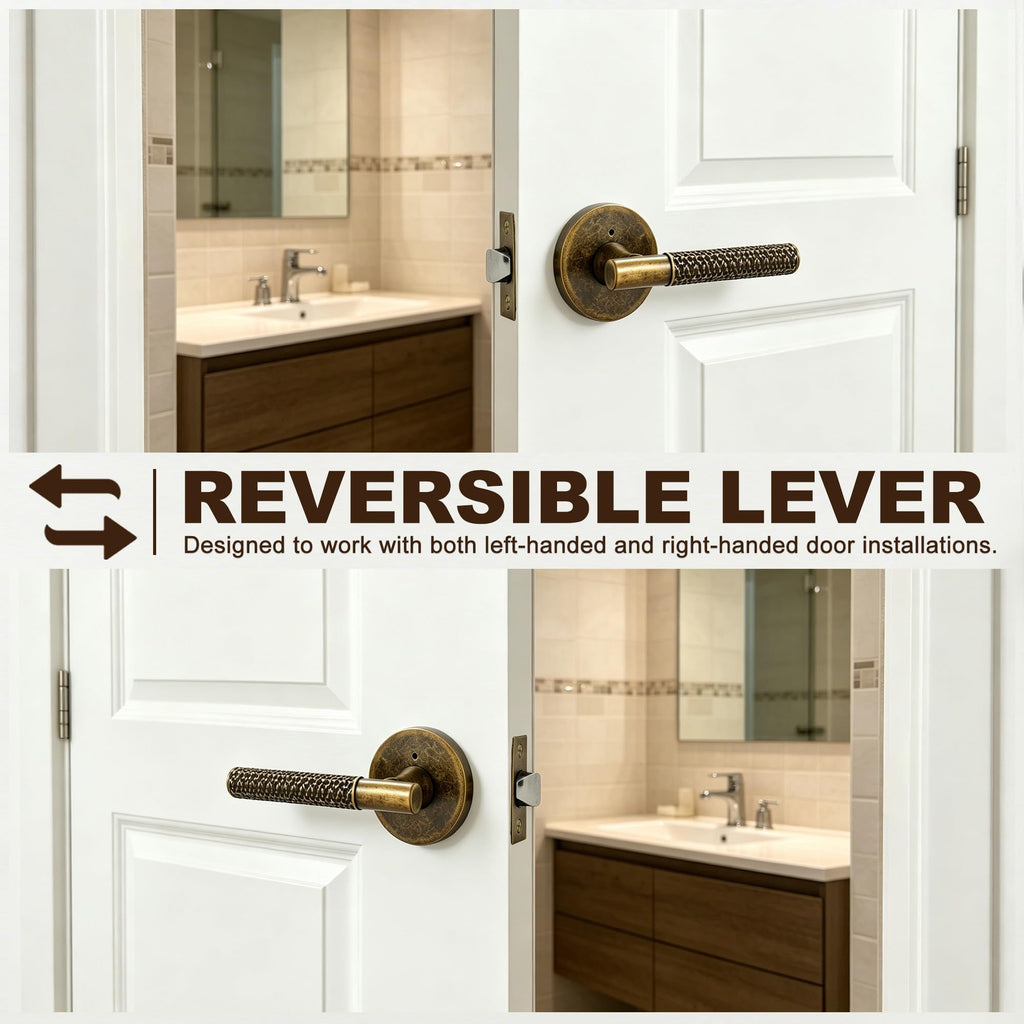 Antique Brass Door Lever with Lock | Retro Hammered Door Handle