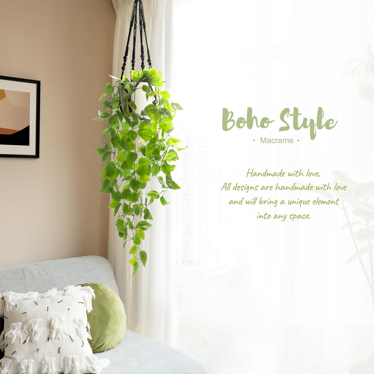 Fake Hanging Plant, Macrame Hanger with Pothos Vines & Pot, Black