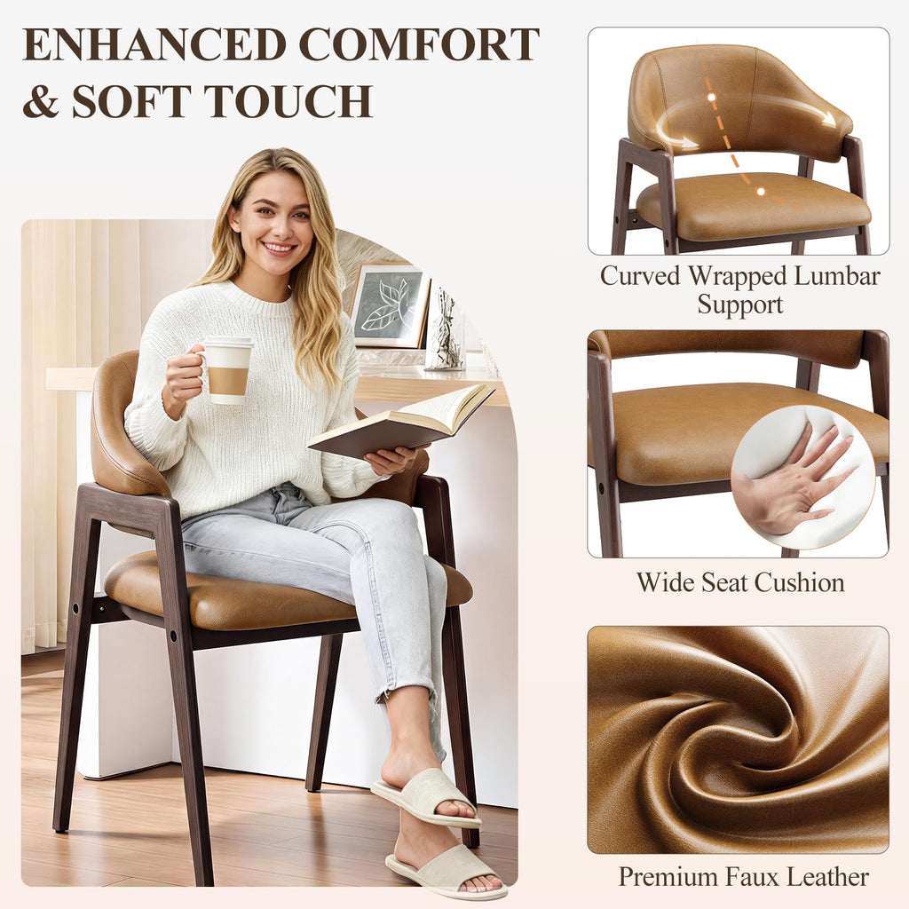 Wooden Dining Chairs Set of 4, Faux Leather, Curved Open Back, Brown