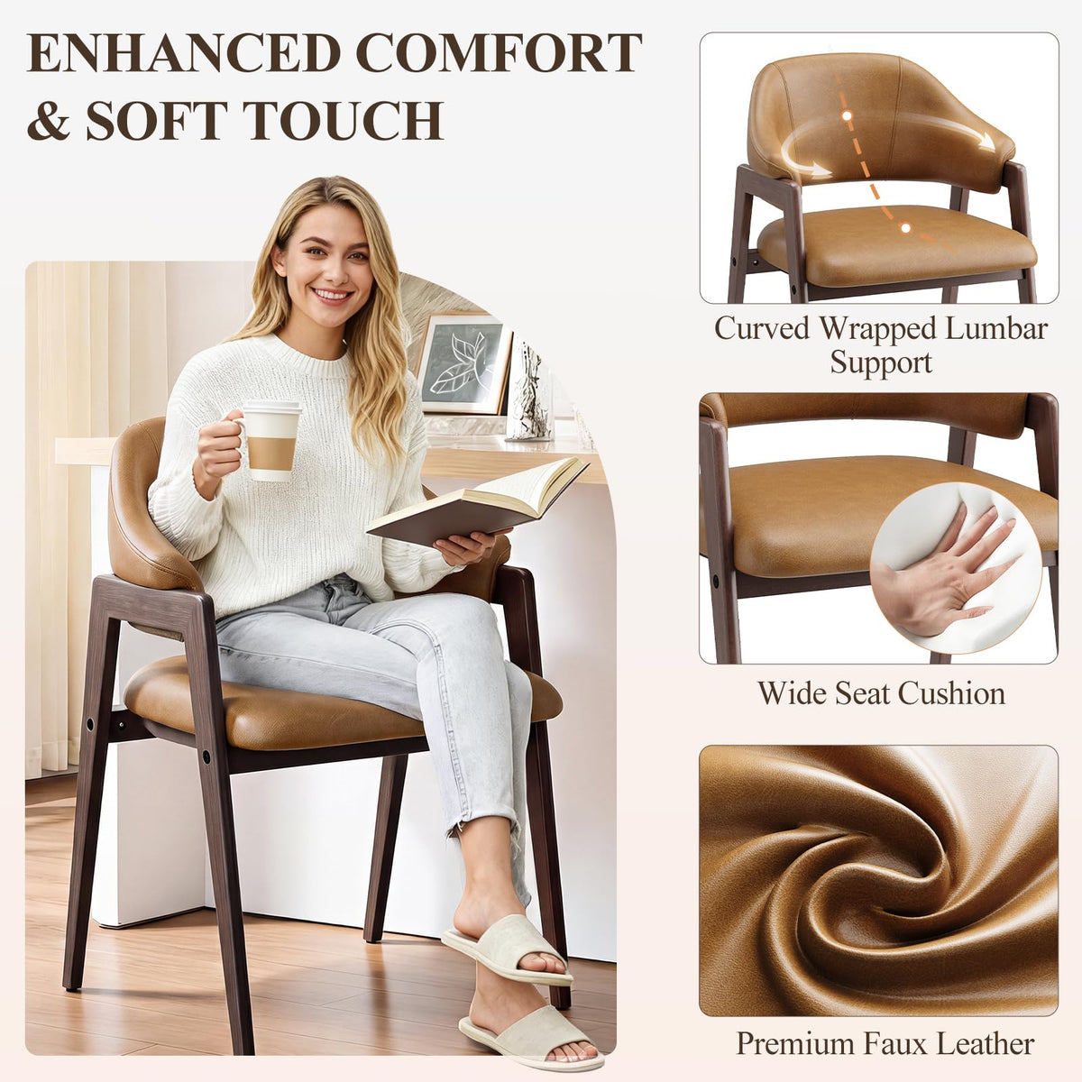Wooden Dining Chairs Set of 4, Faux Leather, Curved Open Back, Brown