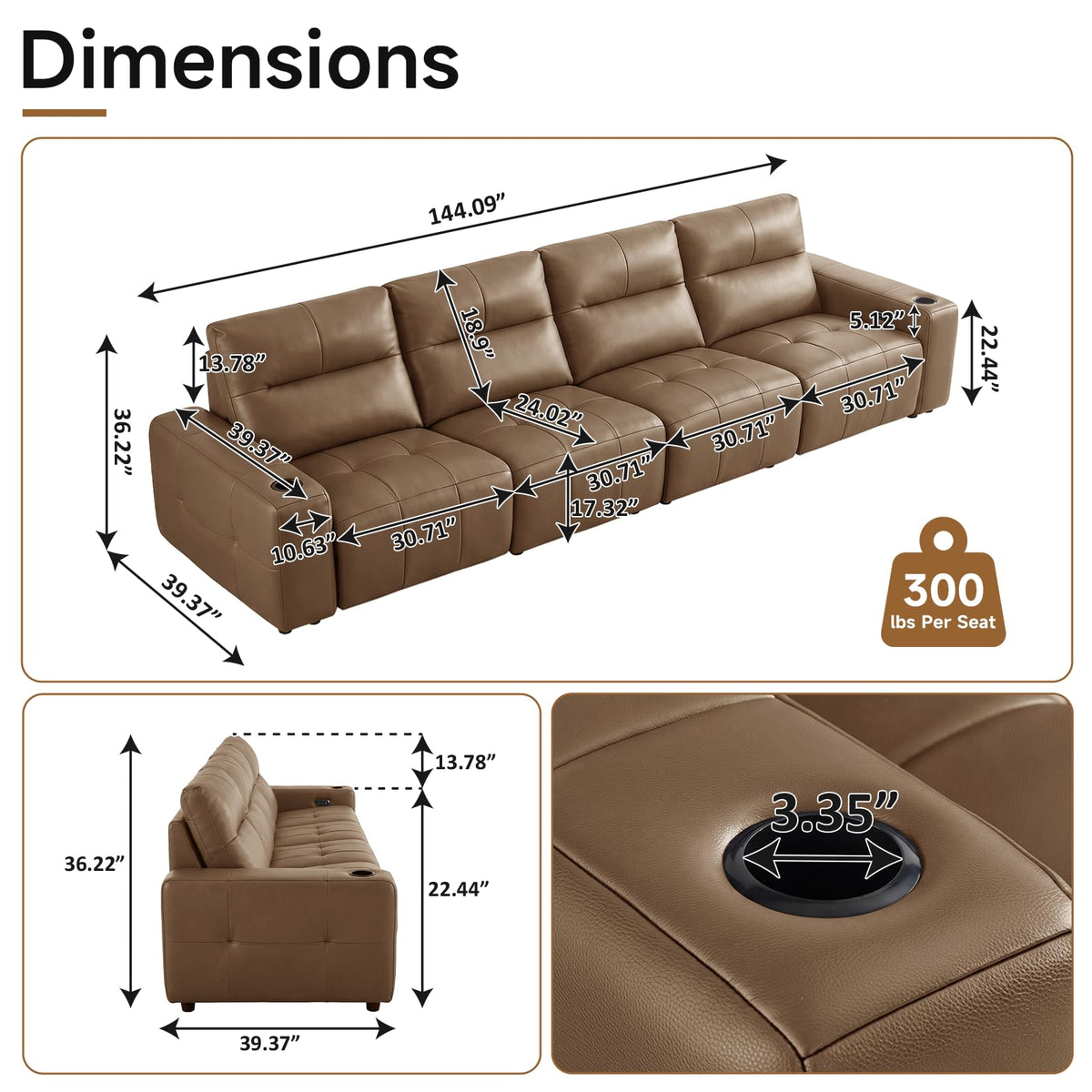 Zero Gravity Power Recliner Sofa 146", Genuine Leather Sofa with Electric Reclining Seats, Adjustable Backrests, USB