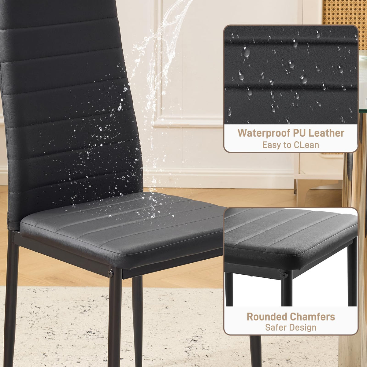 Dining Chairs Set of 4, PU Leather & High Back, Black