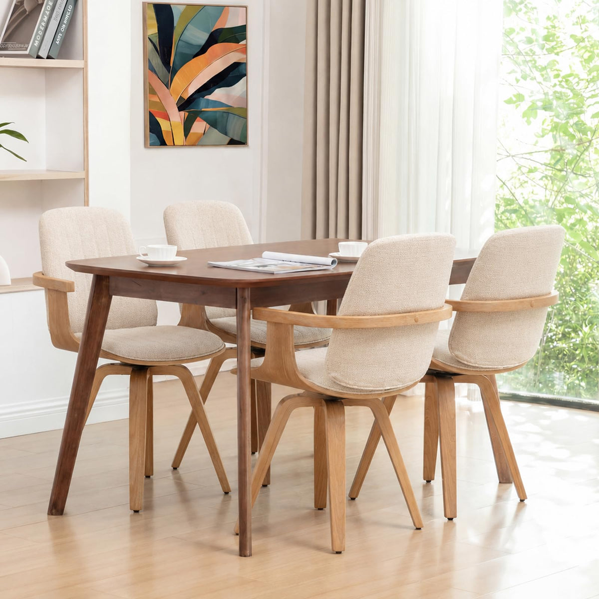Dining Chairs Set of 4, Mid Century Modern Dining Room Chairs, Upholstered Faux Leather Kitchen Chairs with Wooden