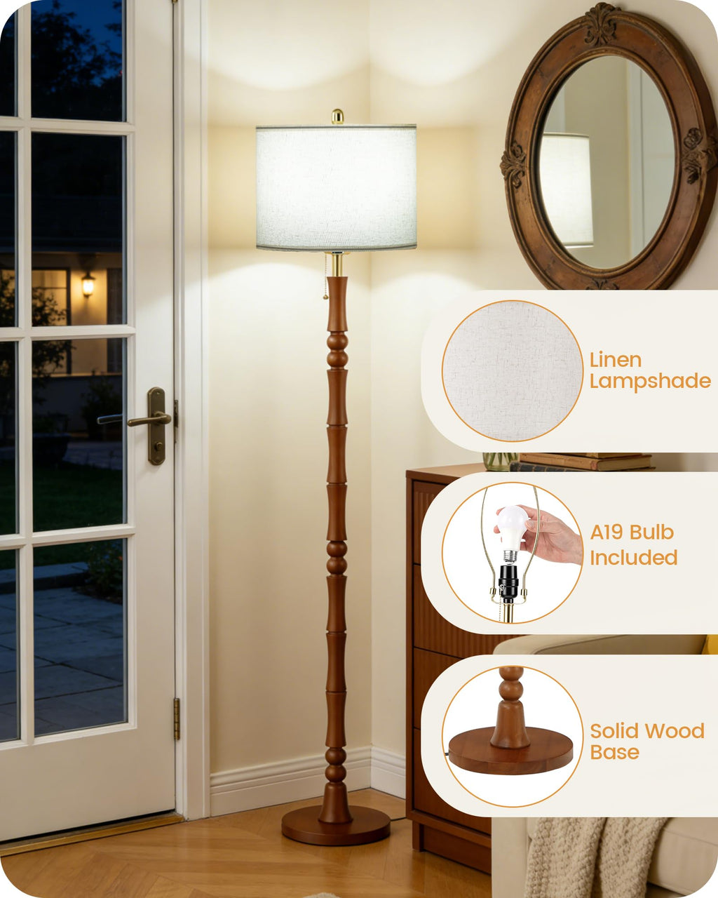 65" Vintage Wood Floor Lamp with Pull Chain, 3CCT, Walnut