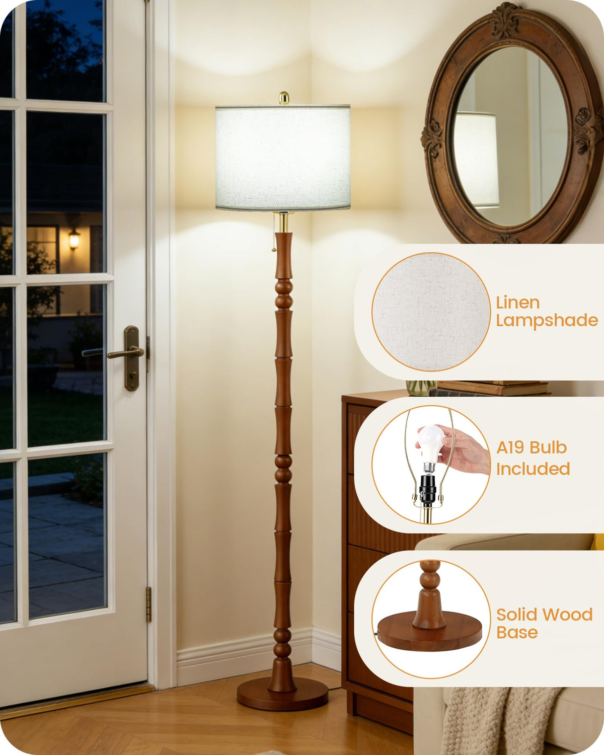 65" Vintage Wood Floor Lamp with Pull Chain, 3CCT, Walnut